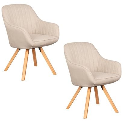 MR. DEKO® Diningsessel Matera Beige Drehbar 2er-Set | HxBxT: 84x59x61 cm | Esszimmerstühle mit Holzbeinen | Polsterstuhl mit Armlehnen | Küchenstuhl, Polsterstuhl, Drehstuhl für Wohnzimmer Esszimmer