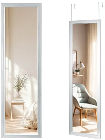 Shoze Full Length Mirrors, 110 X 33cm over the Door Mirror Full Length, Wall Mirror HD Glass Mirror with Hooks, Hanging Dressing Mirror for Bathroom, Bedroom and Wardrobe, Silver