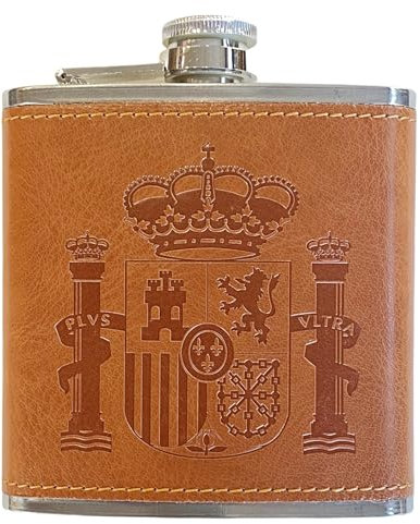 Petaca de Acero Inoxidable 304 /Forrada en Piel(Marrón) Alcohol Personalizada para Hombres, Petaca 6oz/177ml, Camping, Senderismo, Bar, Fiesta, Barbacoa y Bodas (ESPAÑA)