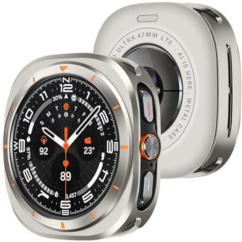 Amizee Metallo Cover Compatibile con Samsung Galaxy Watch Ultra (2025/2024) 47mm, Rigida PC Ultra Sottile Anti-Graffio Copertura Posteriore Custodia per Galaxy Watch 7/8 Ultra, Titanio/Arancione