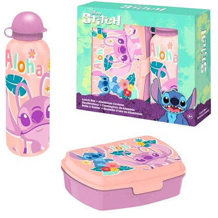 Disney Stitch Botella y Sandwichera, Diseño Stitch y Angel Botella de Agua para Niñas, Botella de Viaje Aluminio, Capacidad 500 ml