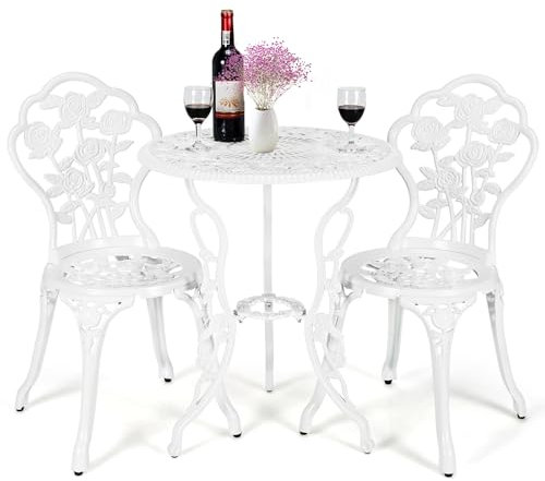 TANGZON 3 Pieces Patio Bistro Set, Outdoor Cast Aluminum Round Dining Table and 2 Chairs Set with Umbrella Hole, Garden Dining Furniture Set for Balcony Backyard Poolside Lawn (White)
