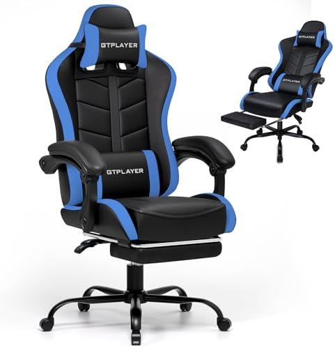 GTPLAYER Chaise de Gaming Fauteuil Gamer Ergonomique en PU Cuir, Chaise Gaming avec Repose-Pieds, Fauteuil Gaming Appui-Tête Réglable et Support Lombaire, Capacité de Charge 150 kg, Bleu