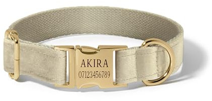 Crafted Memories® Personalized Velvet Dog Collar with Metal Buckle, Engraved Name, Phone Number, and Custom Plate for Pets - Labrador, Dachshund, Terrier, Puppy, Small, Medium, Large Dogs - Cream - XS