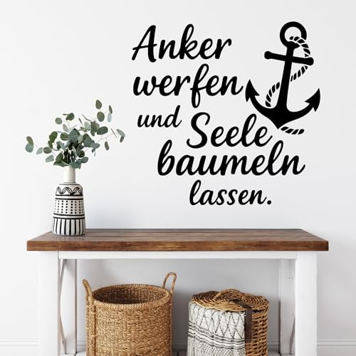 Wandtattoo Spruch Anker werfen Seele baumeln Maritim Wandaufkleber Wanddeko | Selbstklebende Vinylfolie für Bad Wohnzimmer Ferienhaus Glas im maritimen Küstenlook Farbe je nach Wahl Größe 60 x 58 cm