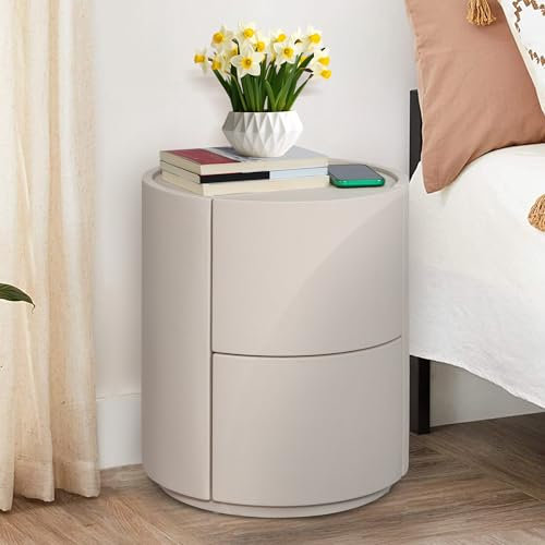 Nachttisch Beistelltisch mit 2 Schubladen, Nachtschrank Lederoberfläche, Nachtkommode mit Geräuschlosen Gleitern 40x40x50cm, Nachttische für Schlafzimmer, Wohnzimmer, Sofatisch Runder modern, Beige