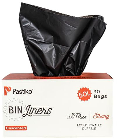 Pastiko 100% Compostable Biodegradable Bin Liners 50L Plant Based Garbage Bags Extra Thick Leak Proof Heavy Duty Bin Bags TUV Austria OK Home and Industrial Compostable for Household Use