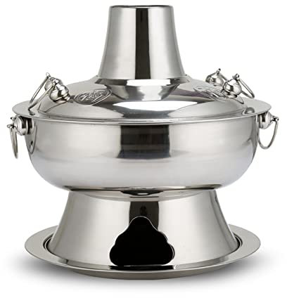 DFGHNBVC Chinesischer Kupfer-Hotpot, Holzkohle-Hotpot-Pfanne, Edelstahl, Chinesischer Herd, Traditioneller Suppentopf, Kochgeschirr Mit Kamin, Gold, 34 cm, Silber 34 cm