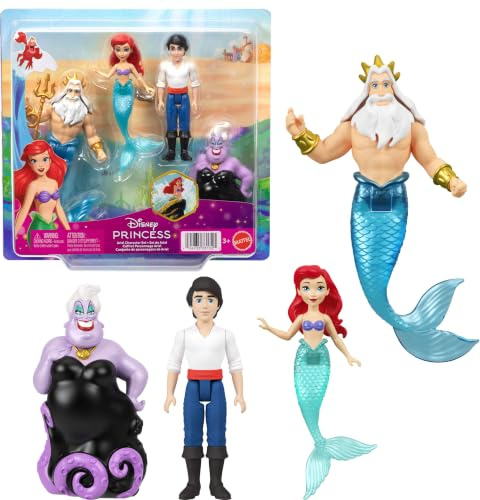 Mattel Disney Princess Ariel Set aus 4 kleinen Puppen inspiriert vom Film | Film-Figurenset mit beweglichen kleinen Puppen: Meerjungfrau Ariel, Prinz Eric, Ursula und König Triton, plus Dreizack, JHG84