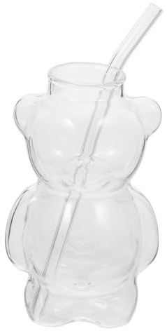 WEKADRIN Bear Glass Water Cup Straw Multi-Functional Juice and Coffee Glass Tumbler Creative Cute Beverage Mug for Home and Café Use