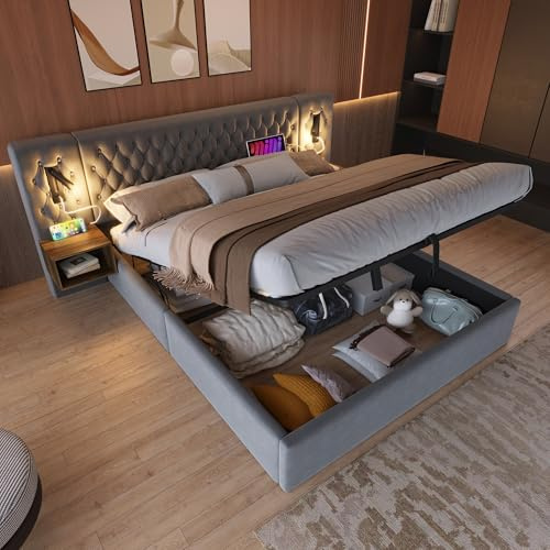 WIZBED Bett Komplett Set-Polsterbett 180x200 mit Nachttisch&LED&USB, Hydraulische Doppelbett Stauraumbett Bettgestell mit Lattenrost,ohne Matratze, Samt, Grau
