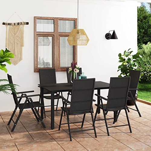 JHQHSM Salon de jardin 7 pièces noir avec chaises en rotin synthétique et table en verre - Meubles d'extérieur résistants aux intempéries pour terrasse et patio - Structure stable en aluminium - Léger