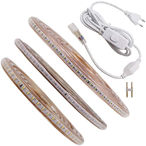 XUNATA LED Streifen 220V 230V 3014 SMD 120leds/m Strip mit 3M Schalter EU-Stecker wasserdicht IP65 (Warmweiß, 3M)