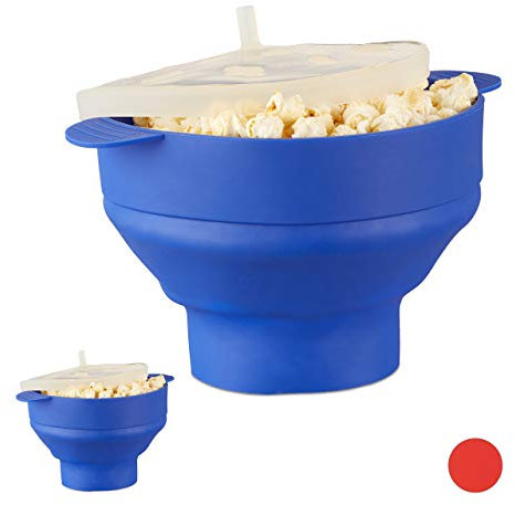 Relaxdays 2 x Popcorn Maker Silikon für Mikrowelle, zusammenfaltbarer Popcorn Popper, Zubereitung ohne Öl, BPA-frei, blau