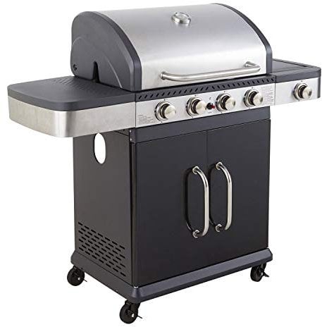 Cook'in garden, Barbecue Extérieur au Gaz Fidgi 4, Couvercle avec Thermomètre, Bbq Structure Métal, Grille, Plancha, Cuve en Acier, Brûleurs Inox, Allumage Piezo