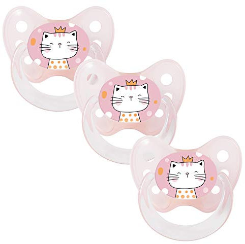 Dentistar Set di 3 Ciucci Ortodontici in Silicone – Taglia 2, 6-14 mesi – Il ciuccio per bambini previene il disallineamento dei denti – Fatto in Germania – Senza BPA – Gatto, Rosa