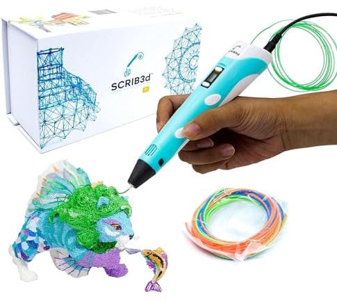 SCRIB3D P1 3D-Druckstift mit Anzeige - Enthält 3D-Stift, 3 Startfarben von PLA-Filament, Schablonenbuch + Projektanleitung und Ladegerät