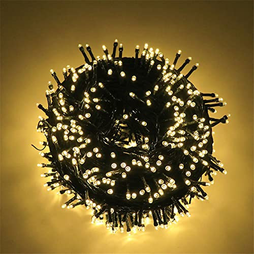Luccika stringa natalizia con luci a led su cavo verde per uso interno ed esterno controller 31V con 8 giochi di luce e memoria (Bianco Caldo, 50 Metri con 1000 Led)