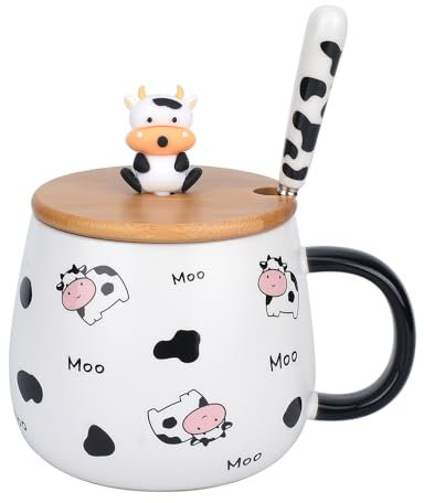 XinHuiGY Gift for Women, Cow Coffee Mug with Lid and Spoon, Cute Cow Print Stuff Gifts, Ceramic Kawaii Cartoon Animal Tea Cup Mugs Home and Office, Birthday, Christmas, Girls, Boys 380ml