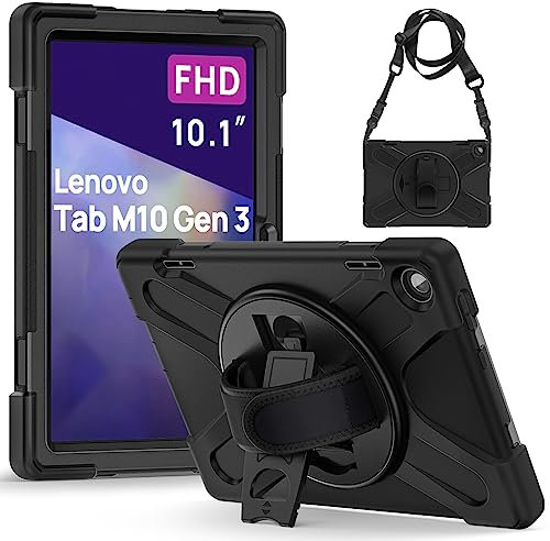 Gerutek Lenovo Tab M10 3rd Gen 10.1 Inch 2022 (TB-328FU/TB-328XU) Shockproof Rugged Case with 360 Rotating Stand/Hand Strap, Shoulder Strap Protective Case for Lenovo Tablet M10 3rd,Black