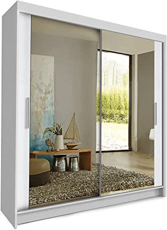 COMFATRA Toronto 150cm Modern Wardrobe with Sliding Doors Mirror Wardrobe, 2 Door Wardrobe with Hanging Rails & Adjustable Shelves, Space Saving Wardrobe for Bedroom Furniture (White) (120TRNTO)
