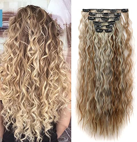 Gairyan Clip in Extensions wie Echthaar günstig Haarteile 6 Teile Set 50cm Haarverlängerung Haarteile Clip in Haare Extension Synthetische Gewellt Wellig Lang Lockig, Hellbraun & Blond
