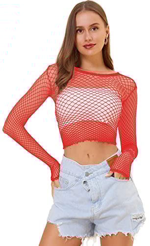 Lemon Girl Women Fishnet Long Sleeve Crop Top Lingerie Babydoll Chemise Mesh Tops US2-16