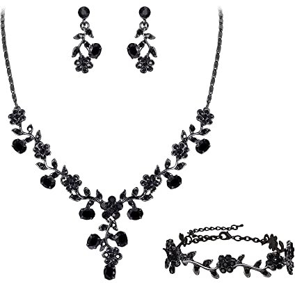 EVER FAITH Hochzeit Party Schmuck Set für Braut österreichischen Kristall Cluster Blume Kostüm Halskette Ohrringe Armband Schwarz Schwarz-Ton