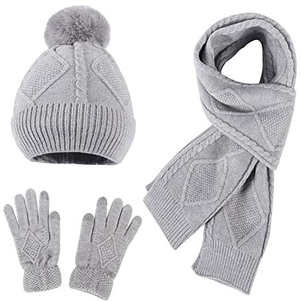 Damen Schal Mütze Handschuhe Set Winter Schal Strickmütze Kombiset Mütze Schal und Handschuh Set Beanie Loop Schal Strickset Gestrickt Geschenkset Winterschal Thermo Handschuhe für Ski 3-in-1 Wint