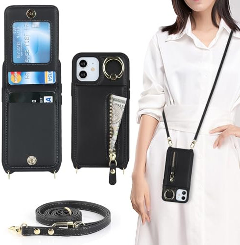 Zouzt for iPhone 12 Mini Case with Cord and Card Holde, Zipper Wallet Case with Crossbody Lanyard Ring Adjustable Necklace Protective Cover Women for iPhone 12 Mini 5.4 Inch - Black