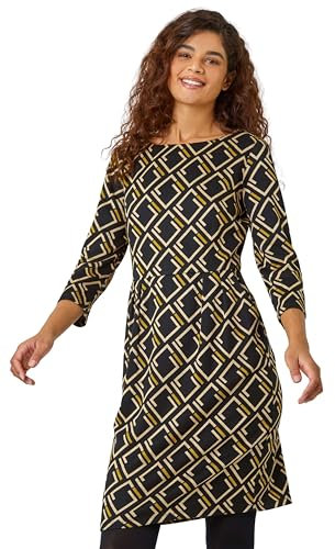 Roman Originals Shift Dress with Pockets for Women UK - Ladies Summer Autumn Winter Smart Casual Work Short 3/4 Sleeve Tunic Knee Length Pleated Gathered Waist Tea Loose - Yellow - Size 18