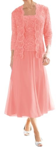 JIIL Spitzen Mutter des Bräutigams Kleid - Chiffon Langarm Abendkleid Elegant für Hochzeit Damen Übergröße Koralle 50