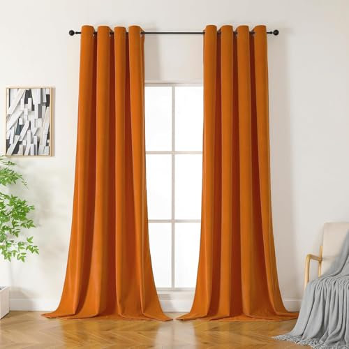 CUCRAF Samtvorhang mit Ösen 2er Set, blickdichte und lichtundurchlässige Vorhänge, H 260x B 132cm, luxuriöse wärmeisolierende Vorhänge für Wohnzimmer und Schlafzimmer (Orange)