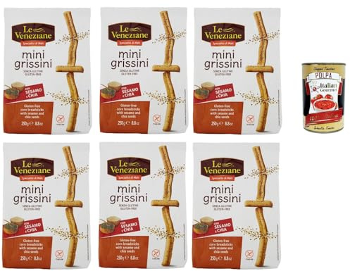 Italian Gourmet Glutenfreie Mini Grissini Sesam Chia senza glutine 6 x 250g | Croccanti e leggeri, ohne Weizen, ideale Begleitung für Aperitivo und Pause, Gesamtnettogewicht 1,5 kg + Kostenlos Polpa 400g
