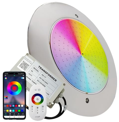 LED ATOMANT Foco de Piscina LED 12W RGB+CCT IP68 Acero Inoxidable con Transformador y Control Remoto, APP Bluetooh, Lámpara decorativa impermeable, Iluminación multicolor