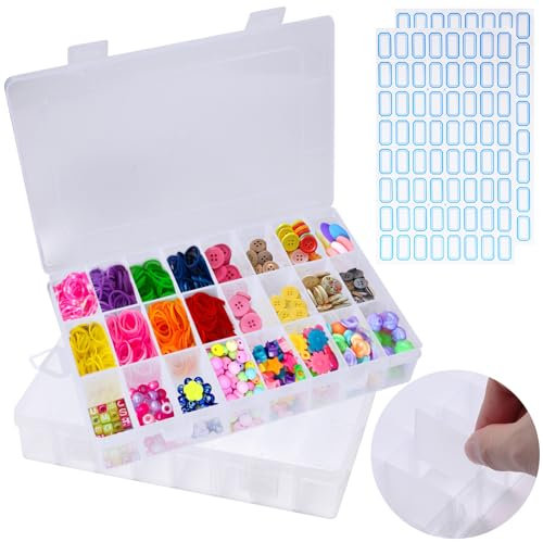 Fisynug 2 PCS Bead Storage Box Transparent Plastic Organiser box with 24 Compartments Craft Storage Box for Art DIY, Crafts, Jewelry, Fishing Gear (with 128 Label Stickers)