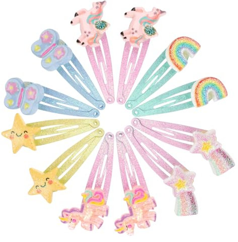 Haarspangen Mädchen 12 Stück, Haarspangen Kinder Mehrfarbig Glitzer Haarklammern,Einhorn Schmetterling Regenbogen Blumen Haarschmuck, Süße Haarklammer Klein für Mädchen Kinder Baby Geschenk