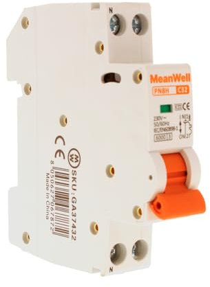 MeanWell Interruttore Magnetotermico Slim Da 1 Modulo DIN, MCB 1P+N C32 32A, Curva C 2 Poli 6000A 220V