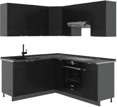 Vicco Winkelküche Fame-Line, Schwarz gestreift/Anthrazit, 190 x 160 cm ohne Arbeitsplatte, zur individuellen Erweiterung mit zusätzlichen Modulen geeignet