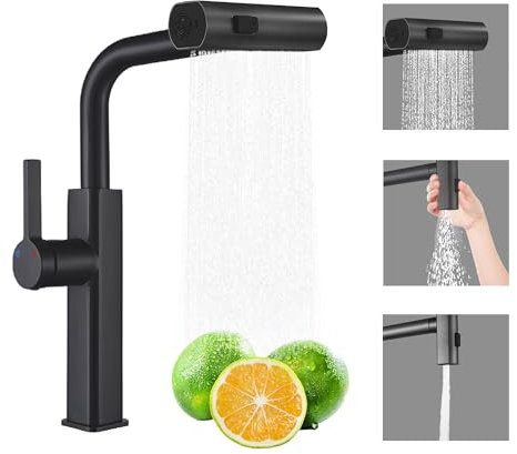 DOKKOME Küchenarmatur Ausziehbar Wasserhahn Küche Bad Küchenarmatur Mischbatterie Küche Spültischarmatur Armaturen für Küchen Kitchen Faucet 3 Strahlarten Schwarz