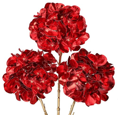 Oairse 3 Pcs Red Artificial Hydrangea Flowers Stems 65cm Faux Christmas Flower Arrangements Fake Floral Picks for Christmas Decorations Holiday Wedding Party Table Centrepieces Décor