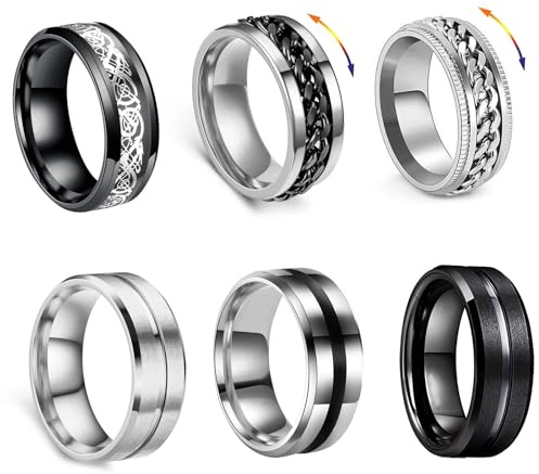 GoPaw Men Stainless Steel Spinner Ring, 6 pcs Black Spinner Rings for Men Women Silver Cool Twisted Chain Anxiety Rings Mens Rings Set Wedding Promise Ring (8)