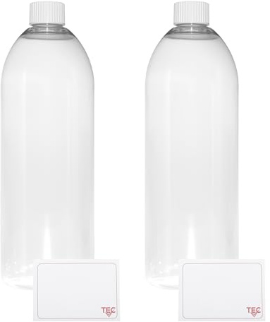 TEC 1 Litre Pet Plastic Bottles with Lids UK Made 28/410 White Caps Clear Empty Containers Tall Boston Round 30% Recycled RPET and Fully Recyclable (2)