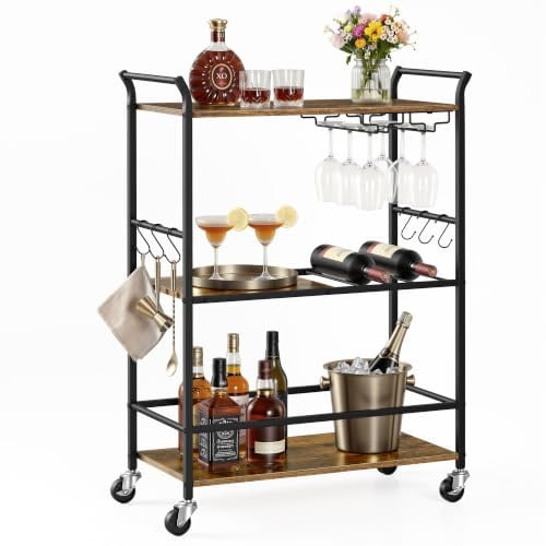 VASAGLE Desserte à roulettes, 3 Niveaux, avec Porte-Bouteilles et Porte-Verres, 64,5 x 32 x 85,5 cm, pour Bar, Marron Rustique et Noir Mat, Collection Barnet LRC200K101