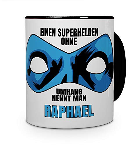 printplanet Tasse mit Namen Raphael - Motiv Superhelden ohne Umhang - Namenstasse, Kaffeebecher, Mug, Becher, Kaffeetasse - Farbe Schwarz