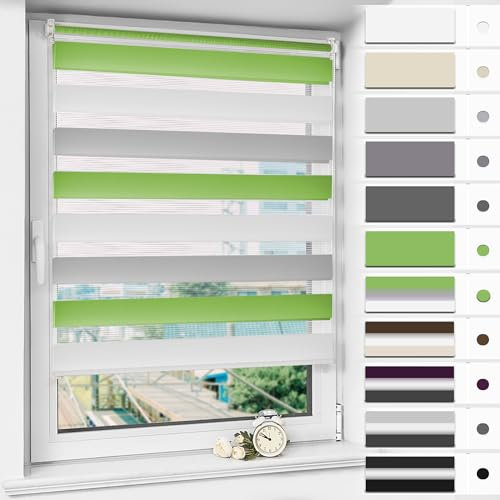 Magiea Store Enrouleur Jour Nuit sans Percage, Rideau Jour Nuit, Protection Solaire, Facile à Installer avec Clips, Protéger la Vie Privée, 55l x 120L cm(Largeur du Tissu 51),Vert-Gris-Blanc