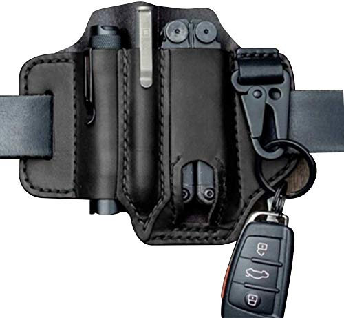 Multitool Leather Sheath EDC Pocket Organizer with Key Holder for Belt and Flashlight Sheath Multitool Pouch for Camping (Black)