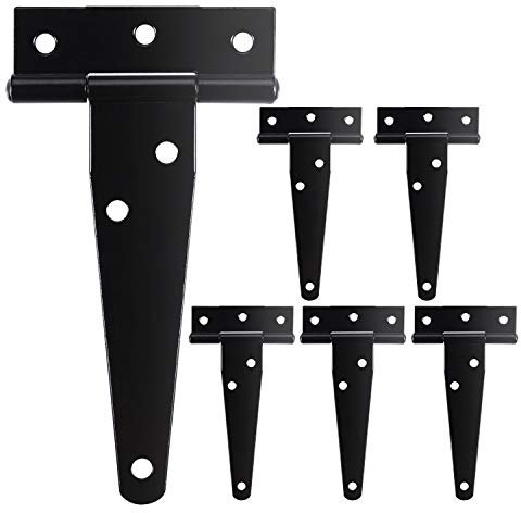JIZZU 6Pcs T Hinges Heavy Duty Door Hinge, 5 inch Tee Hinges Garden Gate Hinges with Screws, Shed Door Hing for Sheds, Windows, Fence, Barn Gates, Garage (Black)