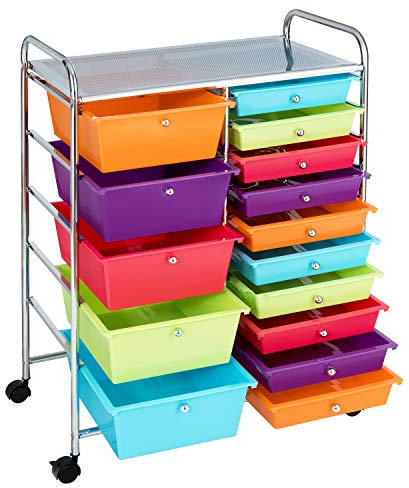 COSTWAY Carrito Auxiliar con Ruedas, Carro Almacenaje con 15 Cajones Apilables, Carrito Organizador con Ruedas Bloqueables de Metal para Cocina Oficina, Baño, 37x63x87cm (Multicolor + Plateado)