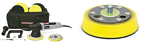 Dino KRAFTPAKET 640296 9mm-650W Exzenter Poliermaschine Stufenlos im Set 150mm Stützteller, Grau & 640345 75 mm-5/16-24 Trägerplatte (7,5 cm) für Exzenterpolierer mit Dual Action, gelb, 75mm (3 Inch)